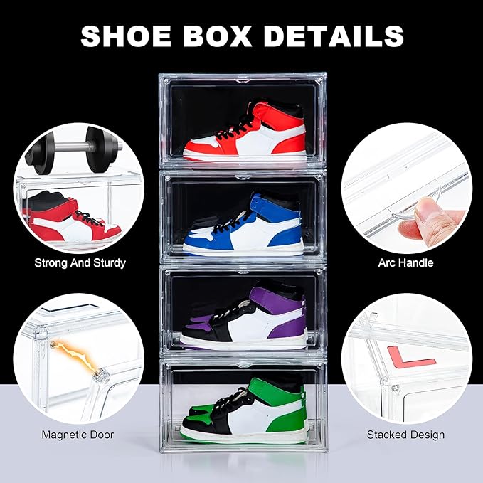 NYZE 12 Pack Acrylic Shoe Boxes Side Open, Clear Shoe Box Plastic Stackable, Shoe Storage Organizer with Magnetic Door, Shoe Display Shoe Containers with Lids Fits Up to Size 15