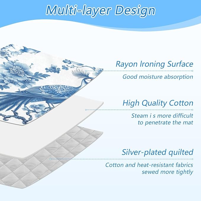 Chinoiserie Flower Peacock Ironing Mat Thickened Ironing Blanket Travel Portable Double-Side Using Ironing Pad Travel Isolate Heat Pad Cover for Washer Dryer Table Top Countertop 27.6x47.2in