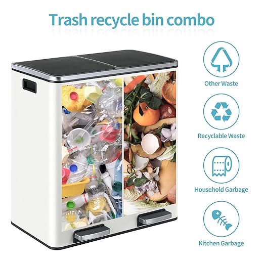 16 Gallon Rectangular Stainless Steel Trash Can, Dual Compartment Garbage Bin with Recycling Combo, Metal Dustbin Lid, Removable Liner, Indoor Hands Free Waste Bucket for Kitchen Home