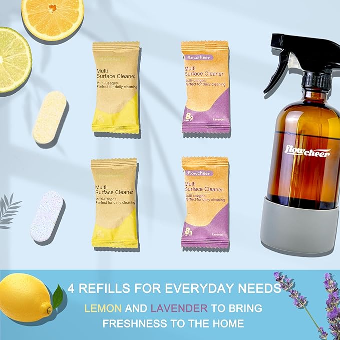 Multi-Surface Cleaner Kits-2 Pack Reusable Spray Bottles & 4 Pack All Purpose Cleaner Refills Tablet, 4 x 16.9 Fl oz Bottles of Spray Cleaner Lemon and Lavender Scent