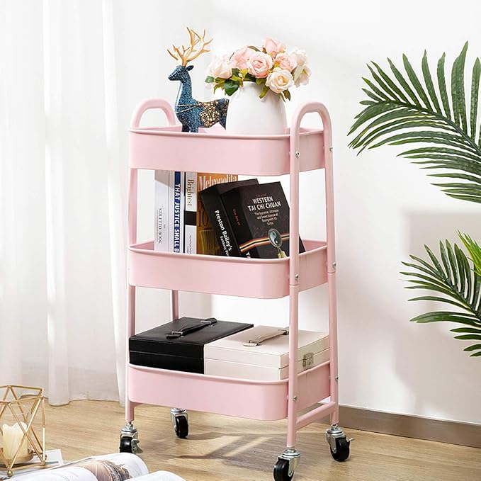 AGTEK Makeup Cart, Movable Rolling Organizer Cart, 3 Tier Metal Utility Cart Pink