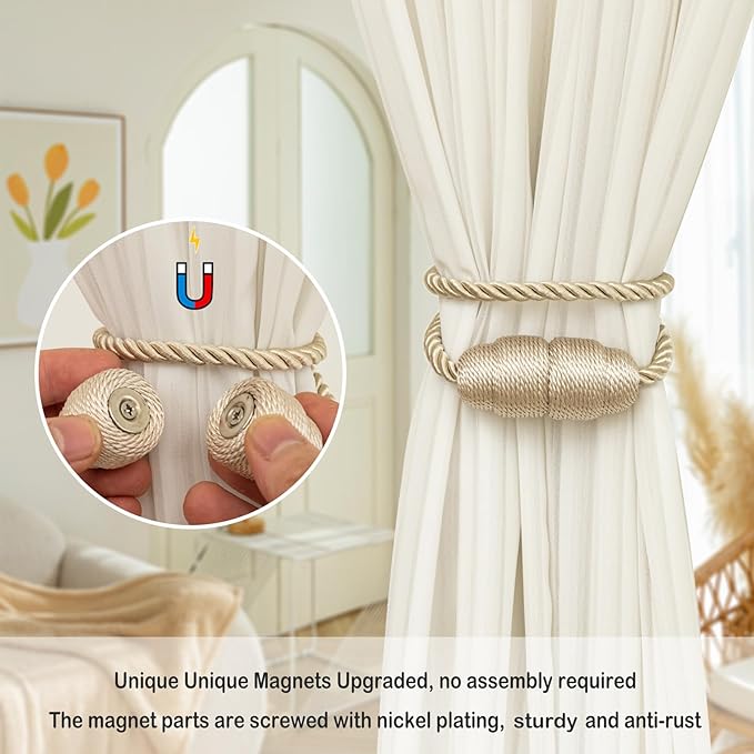 Magnetic Curtain Tiebacks Rope Curtain Tie Backs for Curtains 4 Pack Curtain Holders for Drapes Decorative Window Curtain Holdbacks, Beige