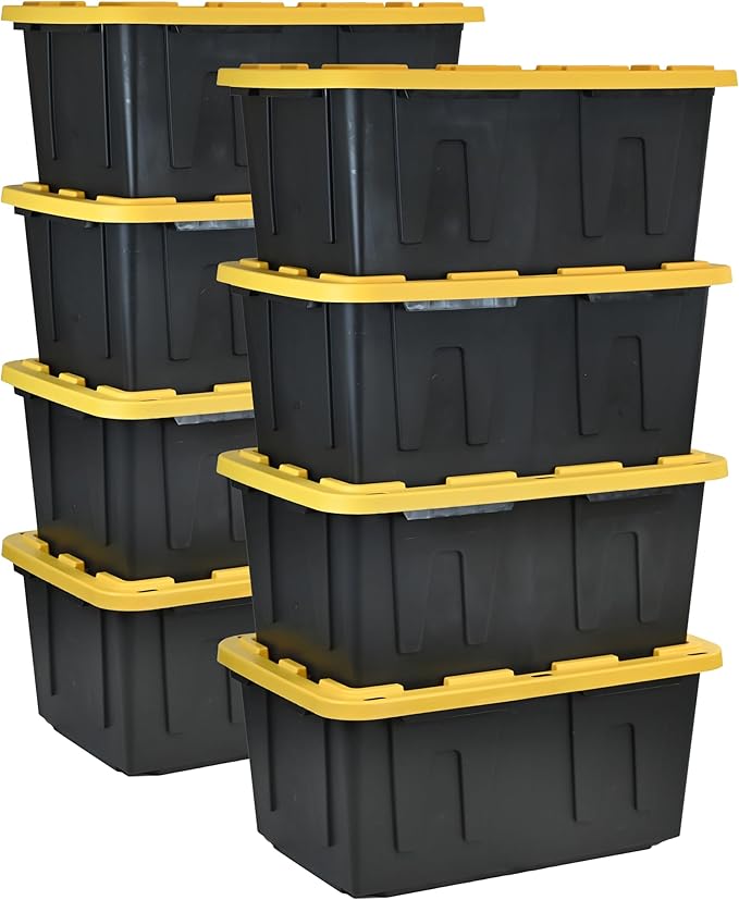 CX Black & Yellow®, Shelving Unit and Heavy Duty Storage Containers, Extremely Durable® (Shelf + 27 Gallon Container (8-Pack)