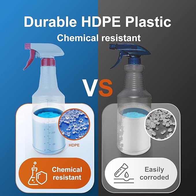 Veco Spray Bottle (5 Pack,16 Oz) with Measurements and Adjustable Nozzle(Mist & Stream Mode), HDPE Plastic Spray Bottles for Cleaning Solution, Household/Commercial/Industrial Use, No Leak and Clog