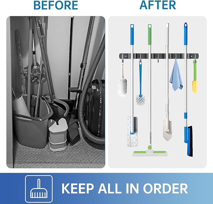 ZONGOOL 4 Racks and 5 Hooks Broom Holder Wall Mount Mop Hanger Wall Mount Metal Organization Tool Organizer Wall Hanging for Home Kitchen Garden Laundry Garage (Black)