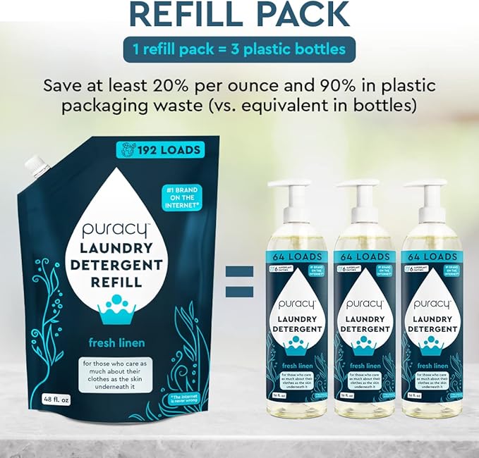 Puracy Laundry Detergent Refill - Enzyme-Powered Liquid Laundry Detergent Concentrate, Natural Laundry Detergent Seen on TikTok, Non-Toxic (Fresh Linen, 48 fl oz, 192 Loads)