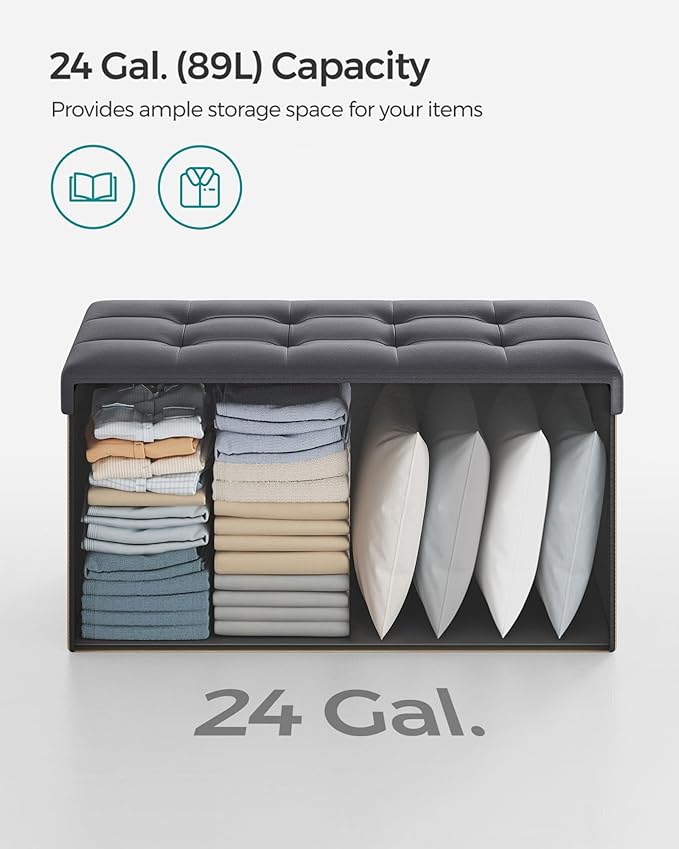 SONGMICS MAZIE Collection - 30 Inches Storage Ottoman Bench with Flipping Lid, Storage Chest Footstool, Load 660 lb, for Entryway, Living Room, Bedroom, Synthetic Leather, Dark Gray ULSF045G01