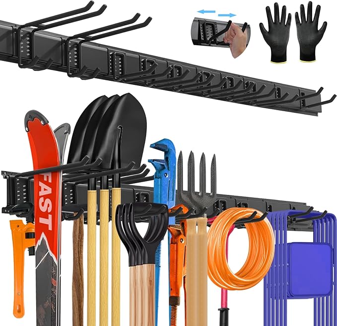 64'' All-Metal Garage Tool Organizer Wall Mount – Heavy-Duty Tool Rack Holds 680 lbs, Adjustable Hooks for Garage, Yard, and Garden Equipment