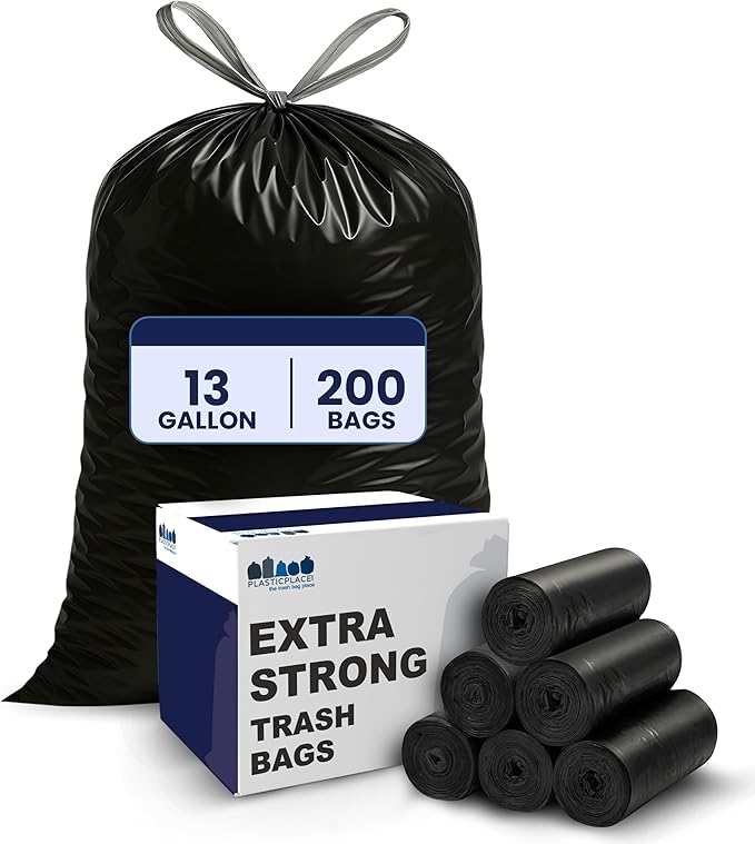 Plasticplace 13 gallon Extra Tall Drawstring Kitchen Trash Bags | Black 1.2 Mil, 24"W x 31"H (200Count)