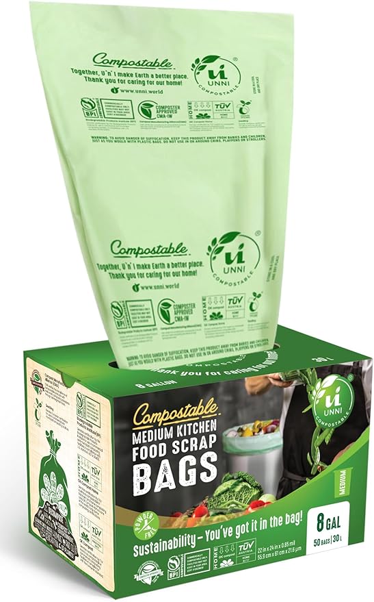UNNI Compostable Trash Bags, 8 Gallon / 30 Liter, 50 Count, Extra Thick 0.85 mil Medium Kitchen Food Scrap Bin Liners, Certified by BPI, CMA & OK compost HOME, Meets the ASTM D6400 Standard