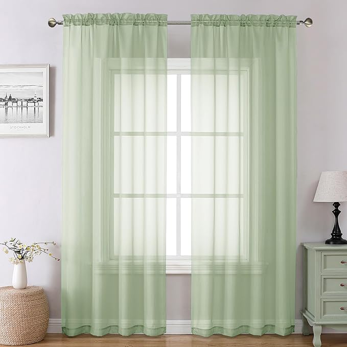 Chyhomenyc Light Green Sheer Curtains 78 Inches Long 2 Panels Set for Living Room, Light Filtering Voile Lightweight Bedroom Curtains, Rod Pocket Solid Window Treatment Drapes, Each 42W x 78L