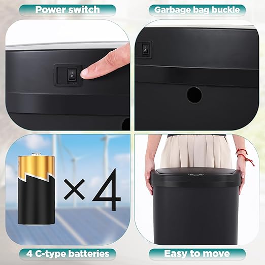 Automatic Motion Sensor Bathroom Trash Can with Lid, 13 Gallon Touchless Trash Bin, Smart Dog Proof Garbage Can, Touch Free Waste Basket for Toilet, Office, Bedroom,Black