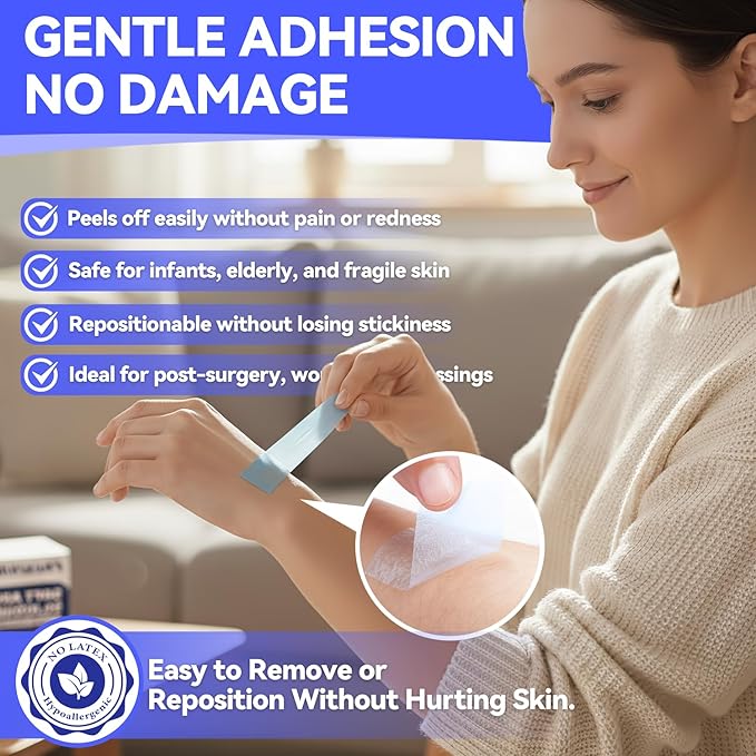 FRESINIDER Silicone Medical Tape – 1" x 1.5 Yard Blue 4 Rolls, Pre-Cut, Waterproof & Repositionable, Pain-Free Removal, Hypoallergenic Adhesive for Sensitive Skin, Wound Care & First Aid Use