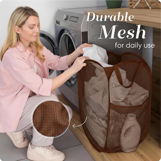 Handy Laundry Collapsible Mesh Pop Up Hamper with Wide Opening and Side Pocket - Breathable, Sturdy, Foldable, and Space-Saving Design for Clothes and Storage (Brown)