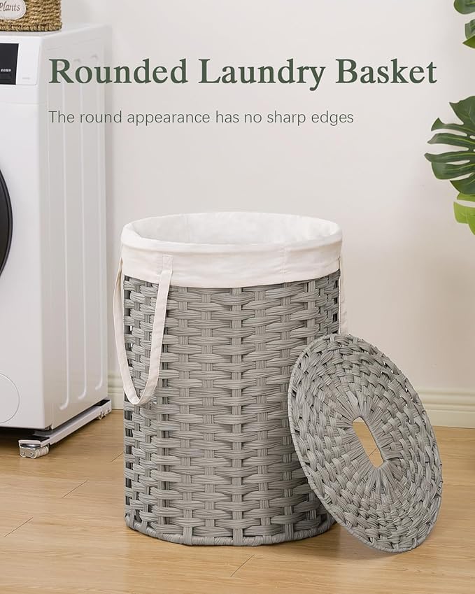 Laundry Hamper with Lid Laundry Basket with Lid 19.0 Gal (72 L) Round Laundry Basket Handwoven Rattan Basket with Lid Removable Bag 2 Mesh Bags Handles for Living Room Bathroom Gray