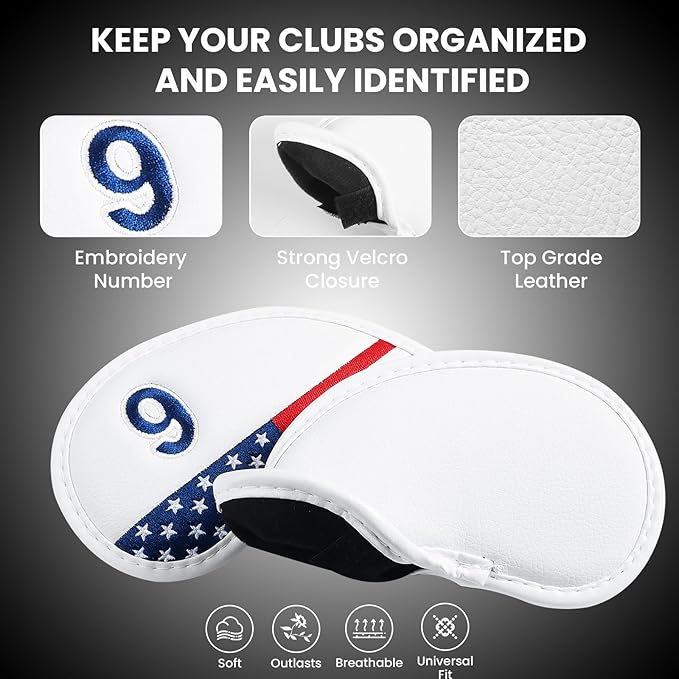 FINGER TEN Premium Synthetic Leather Stylish Iron & Wedge Golf Head Covers Value 12 Piece Set, Embroidered Labels & Fits Most Clubs Gift Set, Travel Protection Accessories