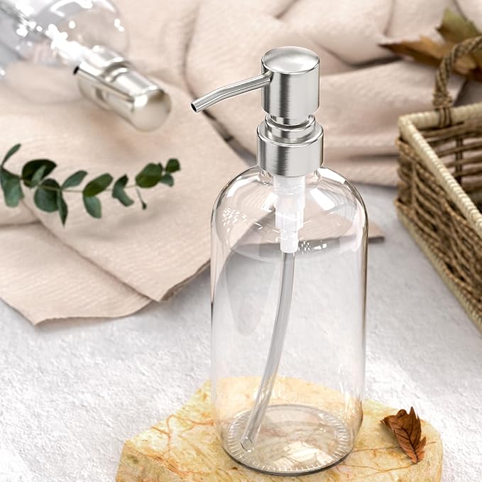 AmazerBath Soap Dispenser, 2 Pack Glass Soap Dispenser with Pump Stainless Steel, 17 Oz Hand Soap Bottles Bathroom Kitchen, Clear