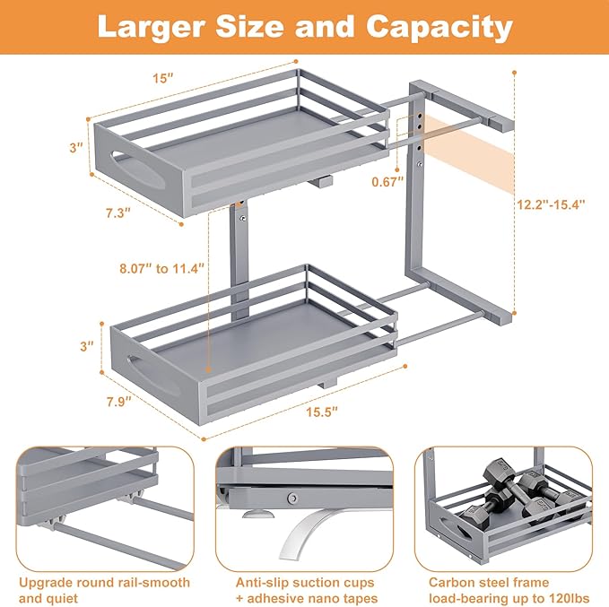 Under Sink Organizer, 2 Tier Under Sink Organizers and Storage, Adjustable Height, Slide Out Metal Cabinet Organizers, Pull Out Cabinet Storage Drawer Shelf for Kitchen Bathroom Gray, 2 Pack