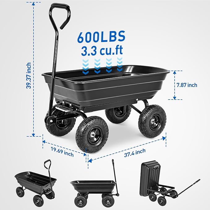 Yesker Garden Carts - 600lbs Dump Wagon with All Terrain Inflatable Wheels for Yard Lawn Farms Gardening - Heavy Duty Utility Outdoor Hauling Wheelbarrow