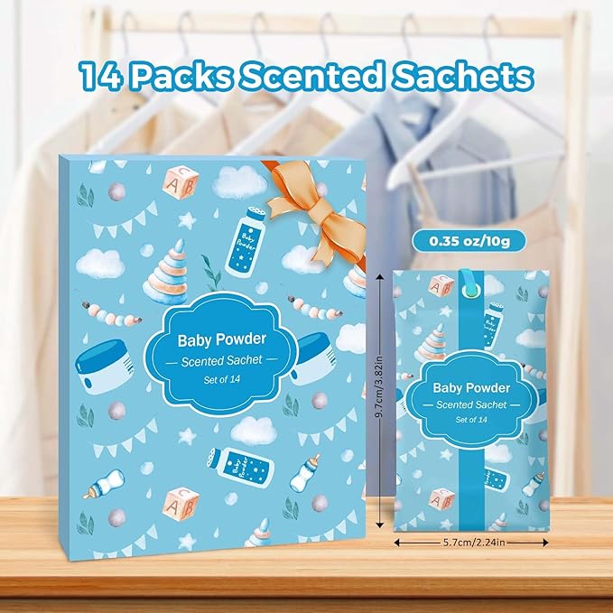 SCENTORINI Scented Sachets for Drawers and Closets, Baby Powder Scent 14 Pack, Long-Lasting Sachets Bags Wardrobe Freshener, for Drawers, Closets, Cars