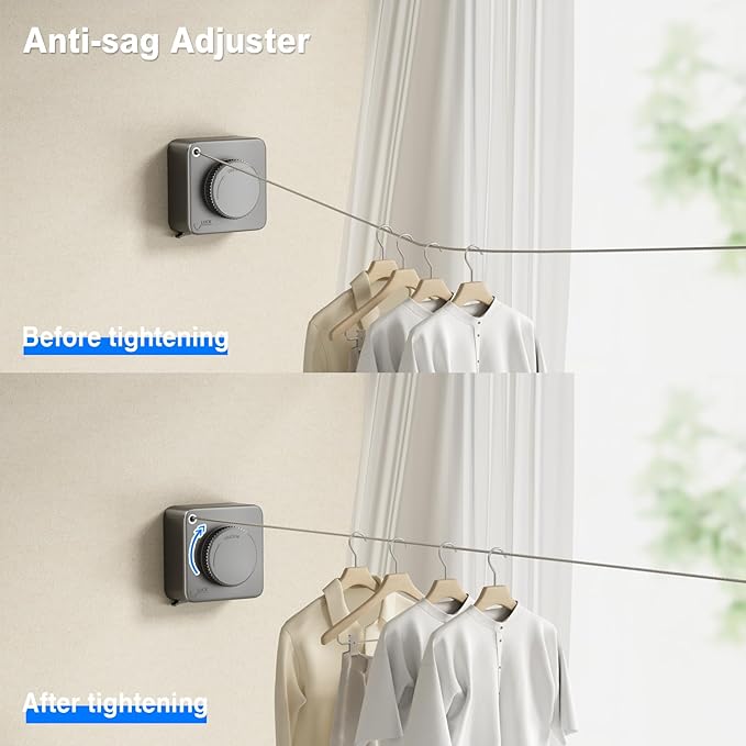 Retractable Clothesline Indoor, Non-Sagging Outdoor Clothes Line Retracting Heavy Duty Clothes Drying Laundry Line Wall Mounted Stainless Steel Line-15.1 Feets(Square-Gray)