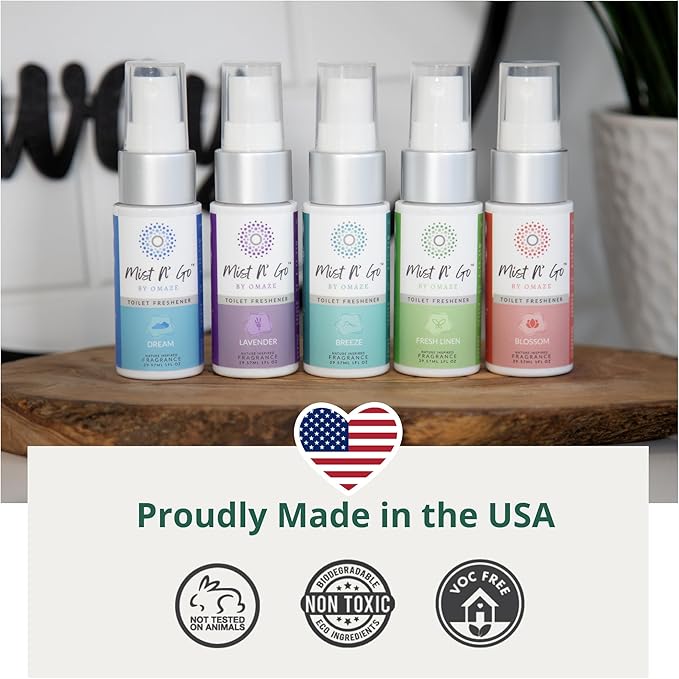 Mist N’ Go by Omaze Travel Bathroom Spray for Toilet Spray Odor Eliminator - Travel Toilet Spray for Bathroom Air Freshener Spray for Bathroom Deodorizer - Lavender Travel Size (1oz x5)