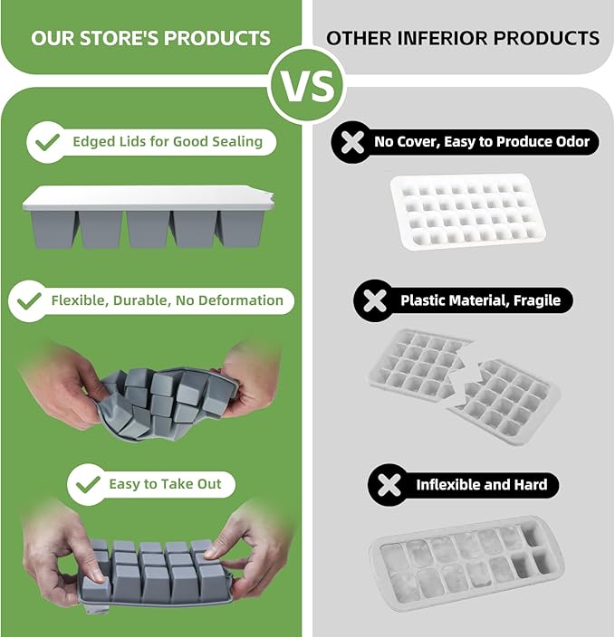 Silicone Ice Cube Tray, 2 Pack Easy-Release Stackable Ice Trays for Freezer with Lid 15 Reusable Cubes, Food Grade BPA Free Ice Molds for Whiskey, Baby Food, Coffee, Cocktail (Grey+Green)