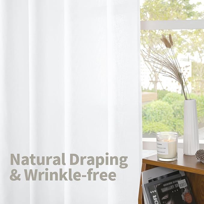 YoungsTex White Linen Cafe Curtains 36 Inch Length 2 Panels - Short Drapes Semi Sheer with Rod Pocket Back Tab Lightweight for Bathroom Kitchen Windows Over Sink, 42 X 36 Inch
