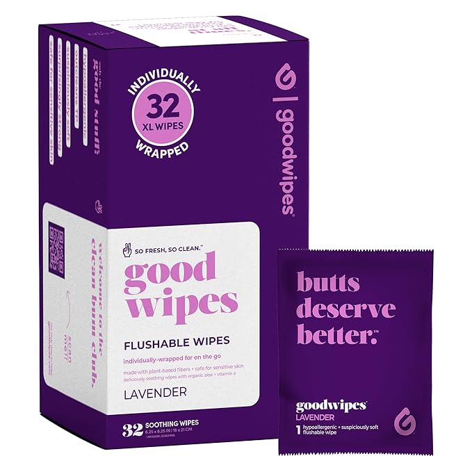 goodwipes Flushable Wipes - Individually Wrapped Butt Wipe for On-the-Go Adults - Portable Mini Wipes - Travel Essentials - Sewer & Septic Safe - Lavender, 32 Count (1 Pack)