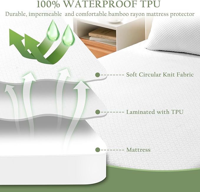 100% Waterproof King Mattress Protector, Breathable Bamboo Rayon Mattress Cover with 8”-21” Deep Pocket, Noiseless Cool 3D Air Mattress Cover, Hypoallergenic & Odor Resistant