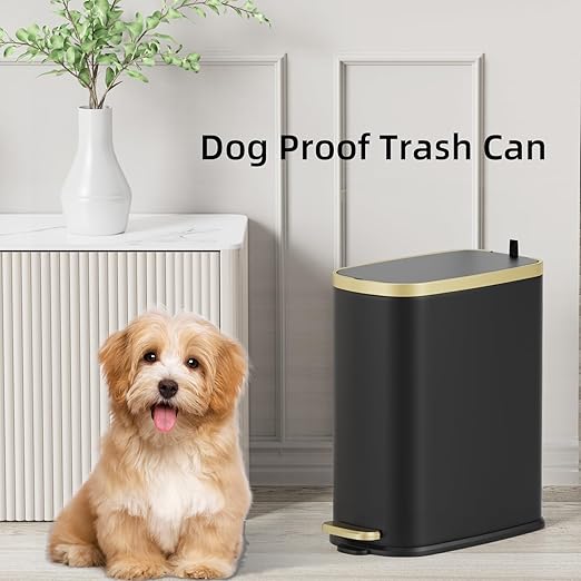 KUK Small Bathroom Trash Can with Lid Soft Close, Step Pedal, 2.4 Gal Stainless Steel Garbage Can with Removable Inner Bucket, Anti-Fingerprint Wastebasket for Office, Bedroom, Toilet (Black)