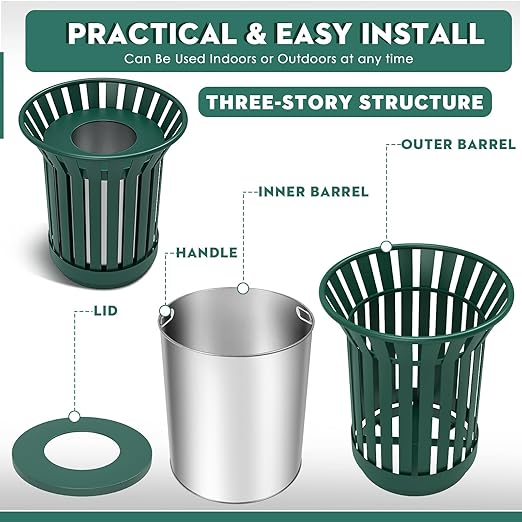 16Gallon/62L Commercial Outdoor & Indoor Metal Trash Can, Outdoor Slatted Trash Receptacle with Metal Linner, All Weather Resistant Large Outside Zone Round Garbage Bin for Street, Park, School-Green