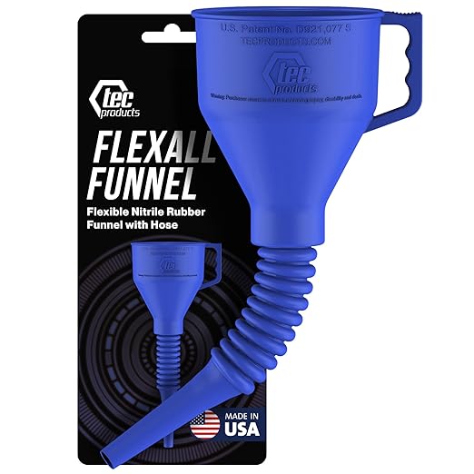 TEC Products FlexAll Long Flexible Funnel for Automotive Use - Durable Nitrile Rubber - Ideal for Car Oil Change, Transmission Funnel Fluid, Diesel, Fuel, Gas - Made in USA - Blue (16 x 5 Inches)