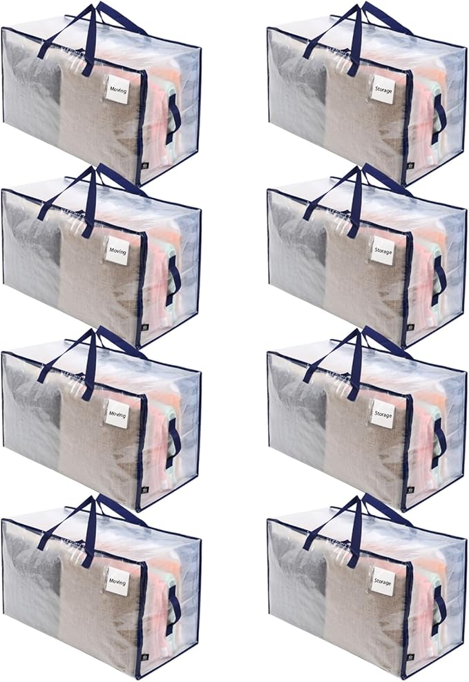 VENO 8 Pack Moving and Storage Bags, Heavy Duty, Alternative to Moving Boxes, Large Packing Totes Supplies for College Dorm Room with Zipper for Clothes, Wide Open Design (Clear, 8 Pack)