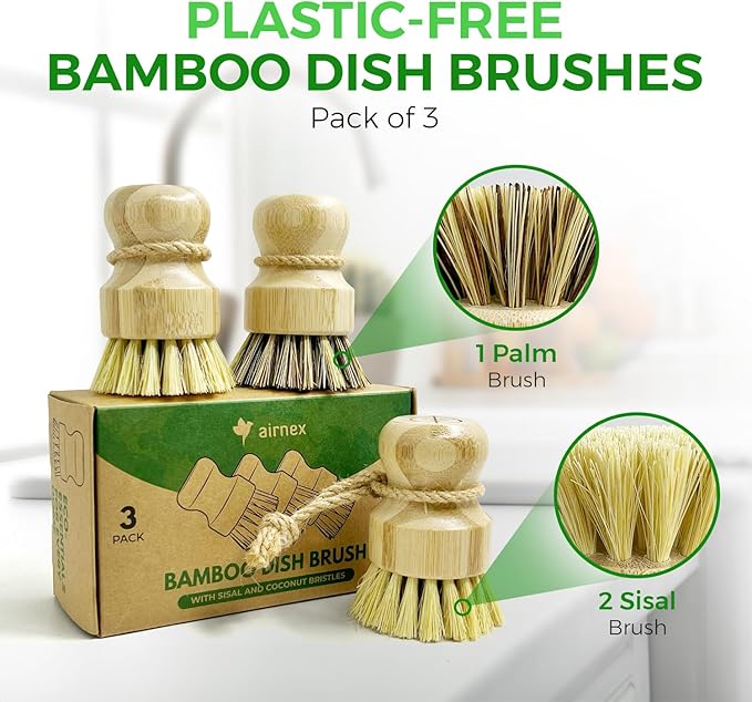 Bamboo Dish Brush Set of 3-100% Plastic Free Kitchen Scrubber with Medium Stiff Sisal and Strong Blend of Coconut Bristles - Non Scratch, Odor Free Wood Scrub for Pots, Pans and Vegetables