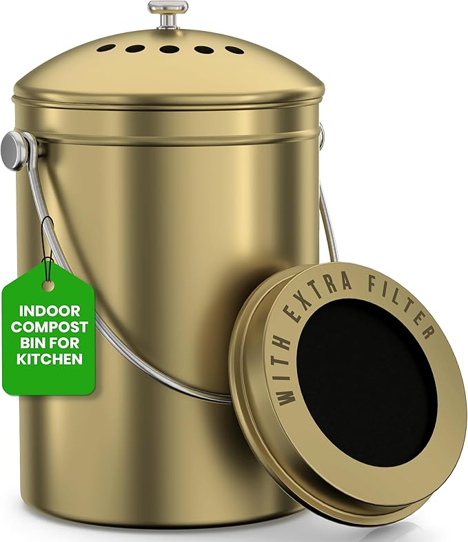 Utopia Kitchen Compost Bin for Kitchen Countertop - 1.3 Gallon Compost Bucket for Kitchen with Lid - Includes 1 Spare Charcoal Filter (Gold)