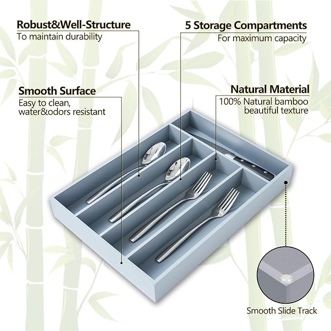 Silverware Organizer, 10 Inch Utensil Organizer Kitchen Drawer Organizer Bamboo Silverware Holder Cutlery Tray Organizer in Drawer Flatware Organizer Tray(5 slots, Gray）
