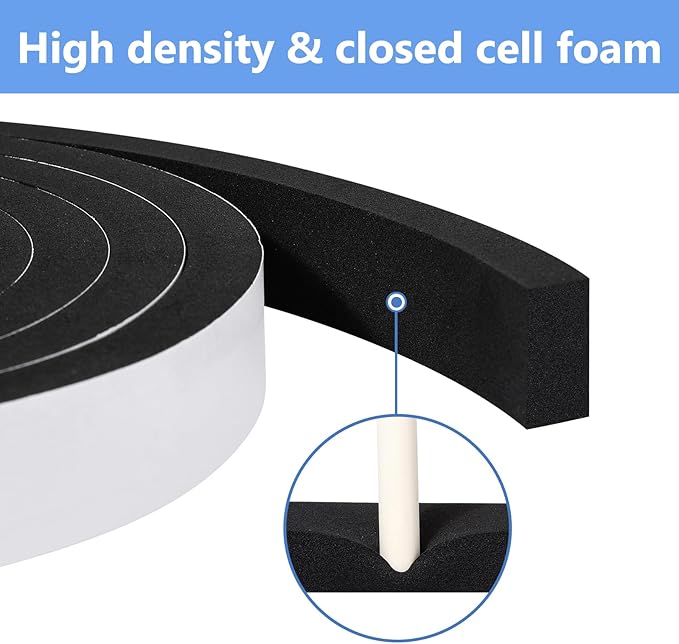 Weather Stripping Door Seal Strip- 2 Inch X 1/2 Inch X 10Feet, Strong Adhesive, Lightproof, Soundproof, Weatherproof Foam Tape Insulation for Sliding Door, Front Door Frame, Windows- Black