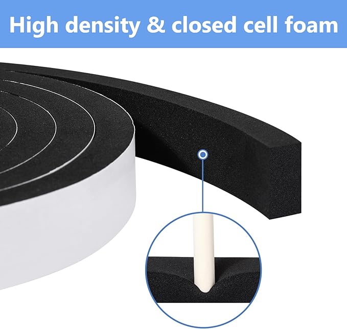 Weather Stripping Door Seal Strip- 1 Inch X 1/8 Inch X 26Feet, Strong Adhesive, Lightproof, Soundproof, Weatherproof Foam Tape Insulation for Sliding Door, Front Door Frame, Windows- Black