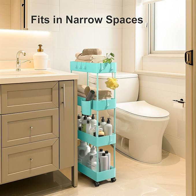 Pipishell Slim Storage Cart with Wheels, 4 Tier Bathroom Storage Organizer Rolling Utility Cart for Bathroom Kitchen Laundry Room Office Narrow Place (Turquoise)