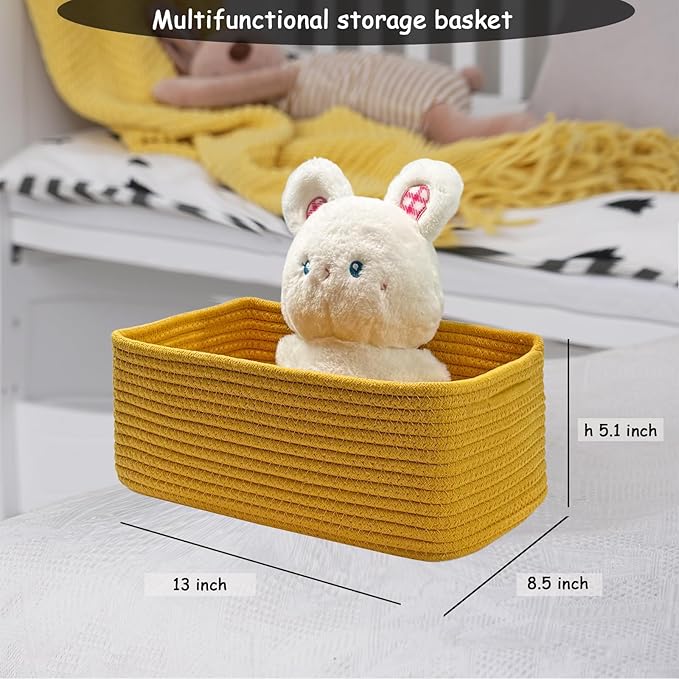 COMFY-HOMI 13" x 8.5" x 5.1" Storage Baskets for Organizing | Cotton Rope Woven Basket | Toy Storage Bin Box | Basket for Shelves, Closet Organizer Bin, Decorative Closet Shelf, 3 Pack, Yellow