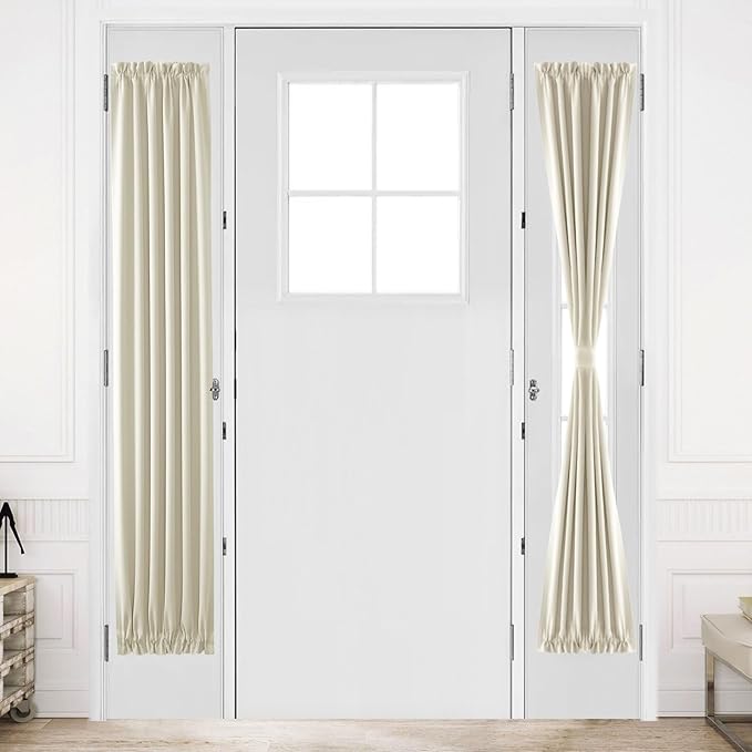 DWCN French Door Curtains – Rod Pocket Thermal Blackout Curtain for Doors with Glass Window, Kitchen and Patio Doors for Privacy, 12 X 72 Inches Long, 1 Curtain Panel with Tieback, Light Beige