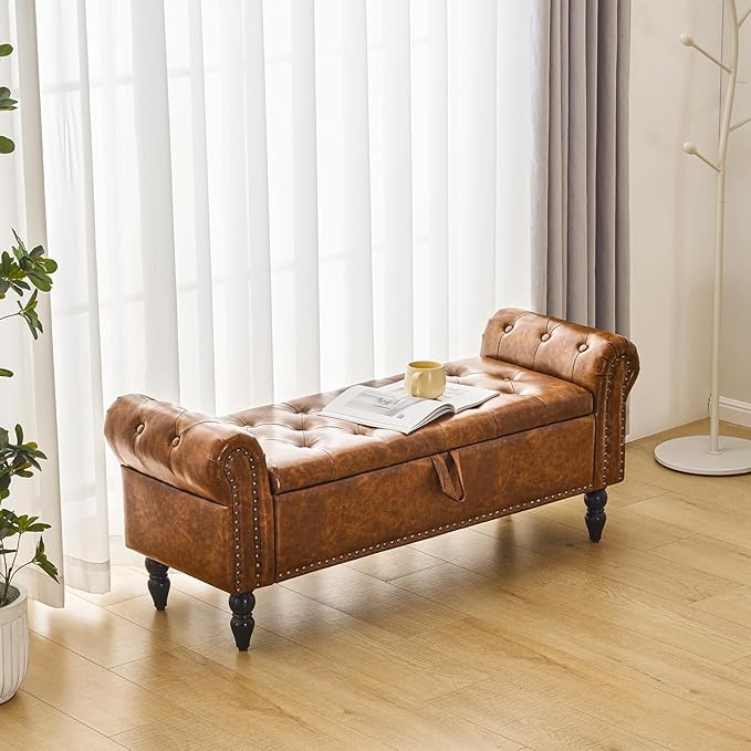 Furnimart Storage Bedroom Bench for End of Bed, Faux Leather Upholstered Storage Ottoman with Rolled Arms for Bedroom,Living Room, Entryway, 2.5Cubic Feet