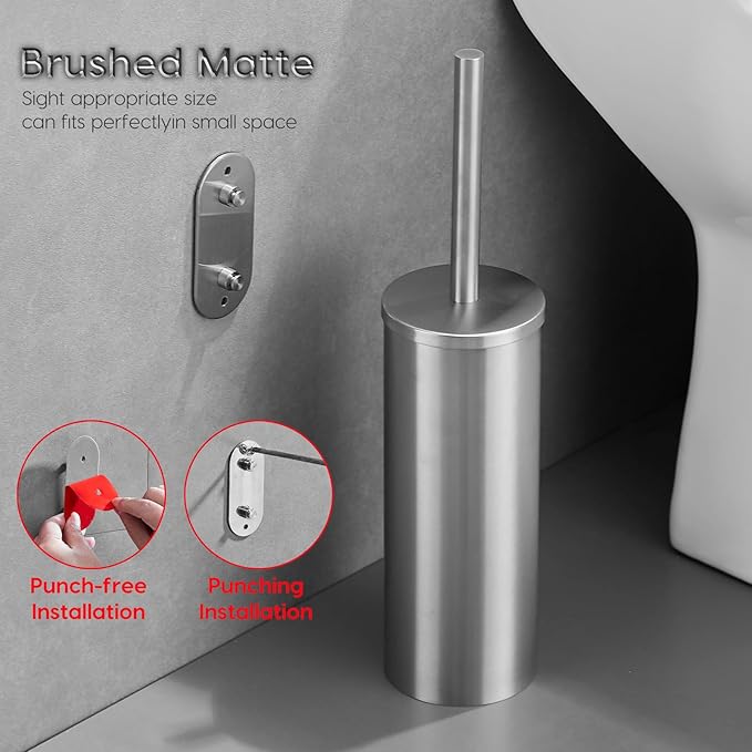 Brushed Stainless Steel Toilet Brush and Cover, No-Punch Hook Base Dual Purpose Toilet Brush Holder with Removable Inner Bucket and Splash Cover - Soft Bristles (Brushed)