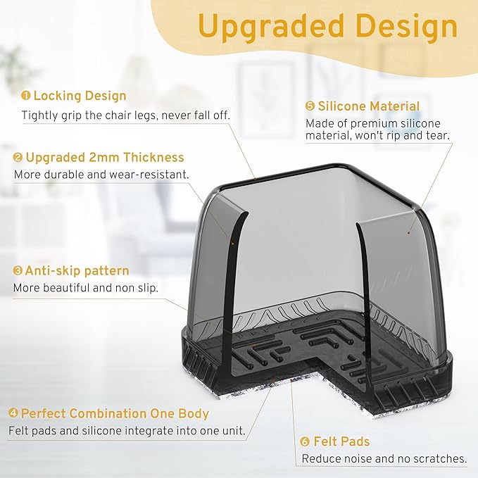 24PCS Square Chair Leg Floor Protectors, Furniture Sliders, Chair Leg Protectors for Hardwood Floors, Non-Slip Felt Furniture Pads, Silicone Cap Covers to Protect Floors, (Fit 1.5" - 2")