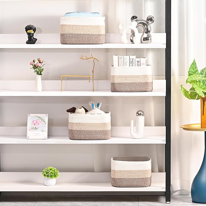 Shelf Baskets for Organizing, Storage Baskets for Shelves, Woven Baskets for Storage, Cotton Rope Baskets with Handles for Toy, Book, Clothes, 12.5"Lx9.1W"x7.9H", (4 Packs) Gradient Brown