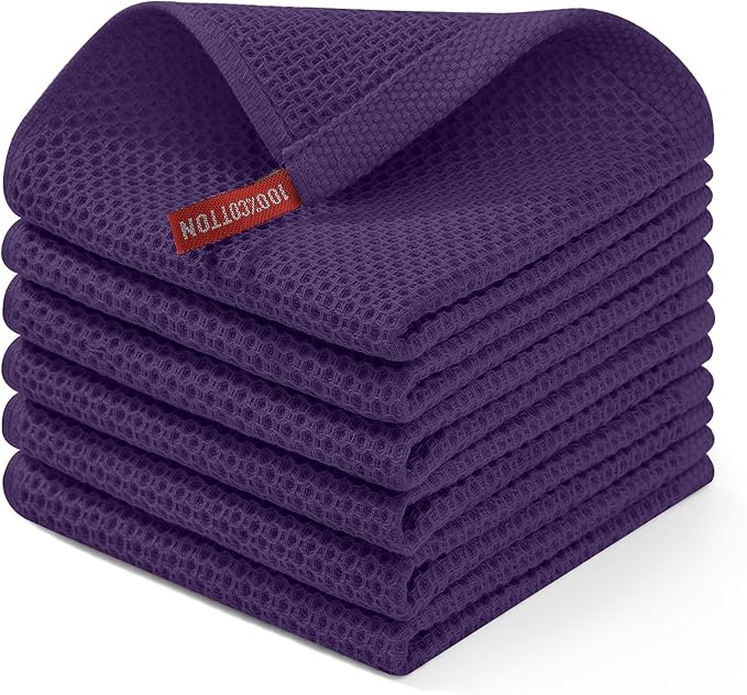 Homaxy 100% Cotton Waffle Weave Kitchen Dish Cloths, Ultra Soft Absorbent Quick Drying Dish Towels, 12 x 12 Inches, 6-Pack, Eggplant