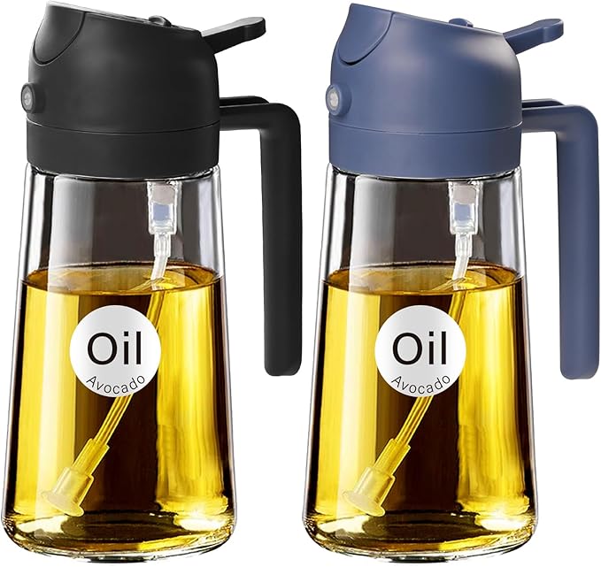 YARRAMATE 2Pcs 16oz/470ml Glass Olive Oil Sprayer for Cooking with Stickers, 2 in 1 Oil Dispenser for Kitchen Gadgets, Food Grade Premium Spray Bottle with Portion Control for Salad, BBQ (Black&Navy)