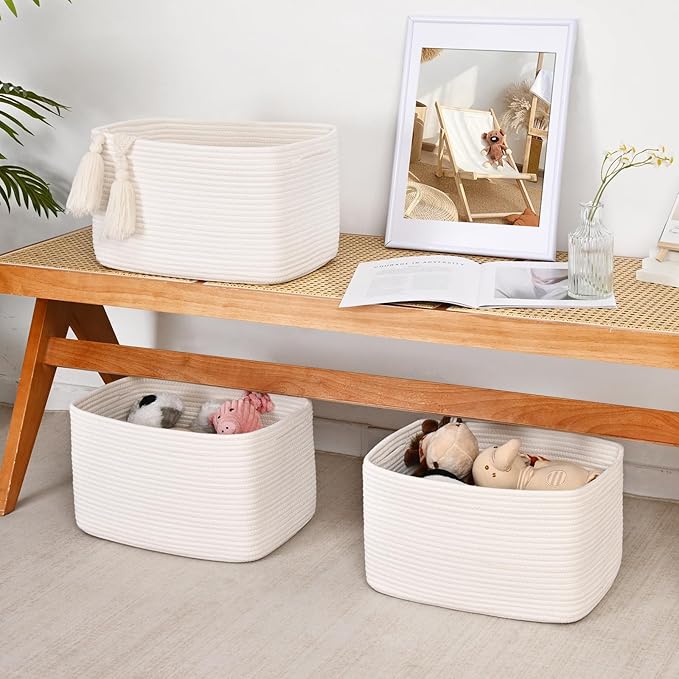 3-Pack Shelf Baskets for Organizing, Woven Storage Basket for Shelves, Cotton Rope Storage Bins for Toys Books, Nursery Towel Baskets for Classroom, 14.96"X9.8"X8.85", White