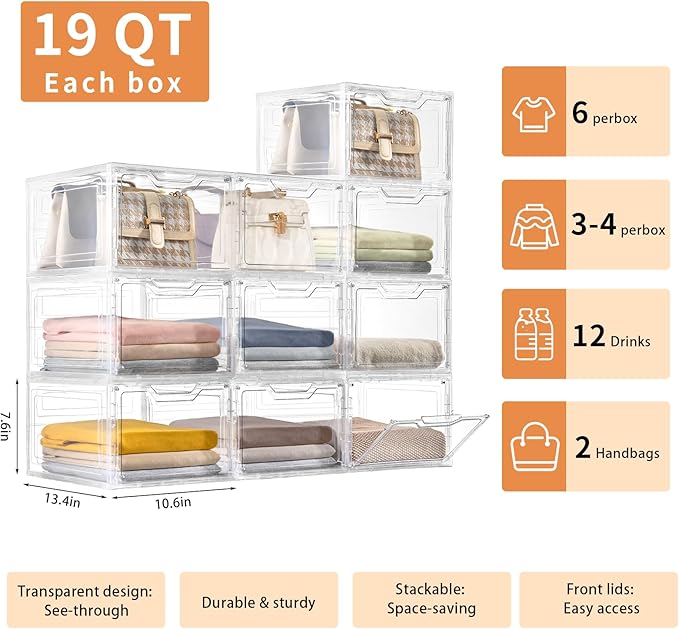 10 Pack Closet Organizers and Storage,Clear Stackable Plastic Storage Bins with Lids Magnetic Doors,Clothes Organizers and Storage,Plastic Craft Containers for Wardrobe Kitchen Bathroom Office